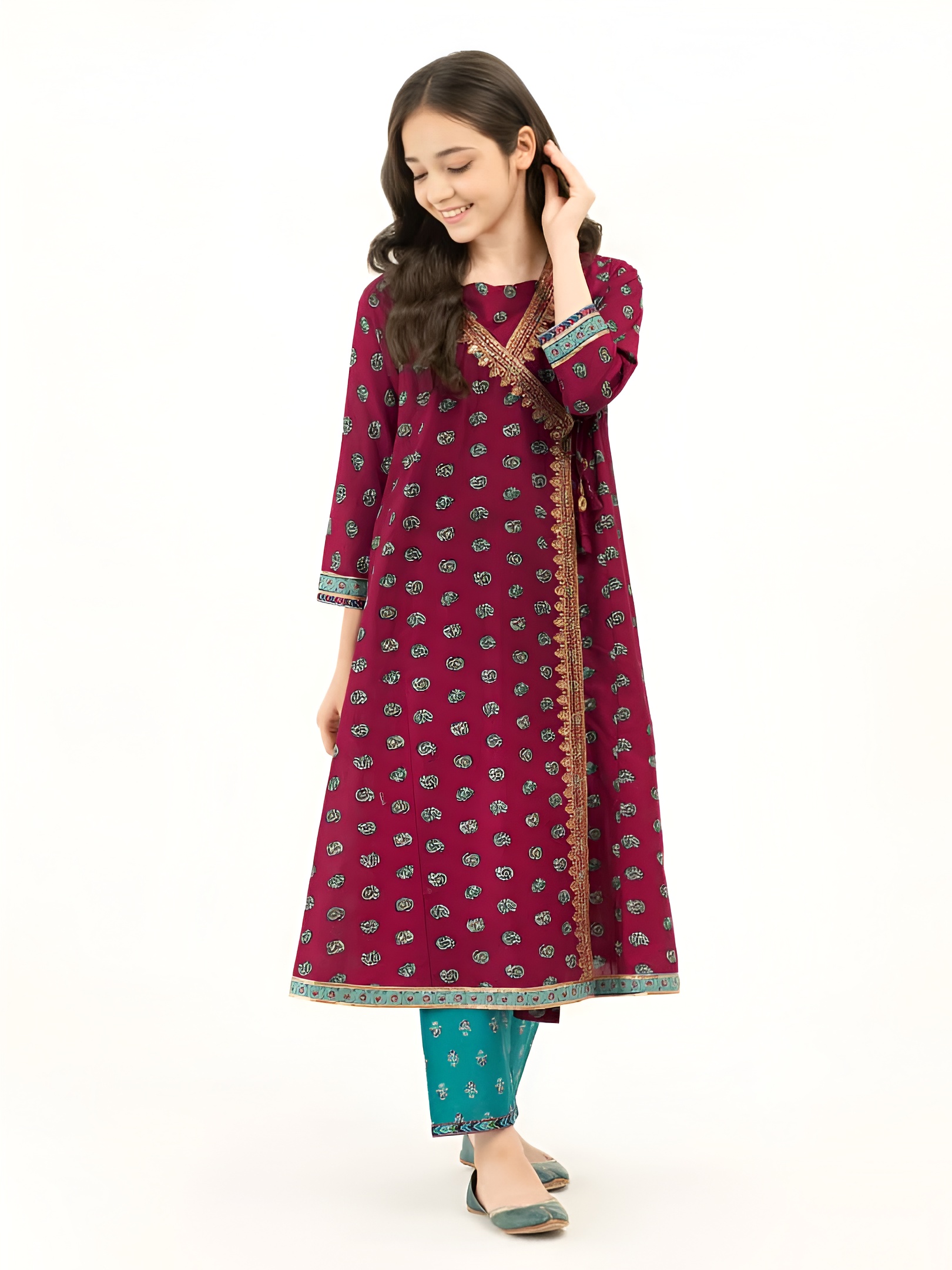 Elegant Maroon Printed Kurta with Teal Trousers