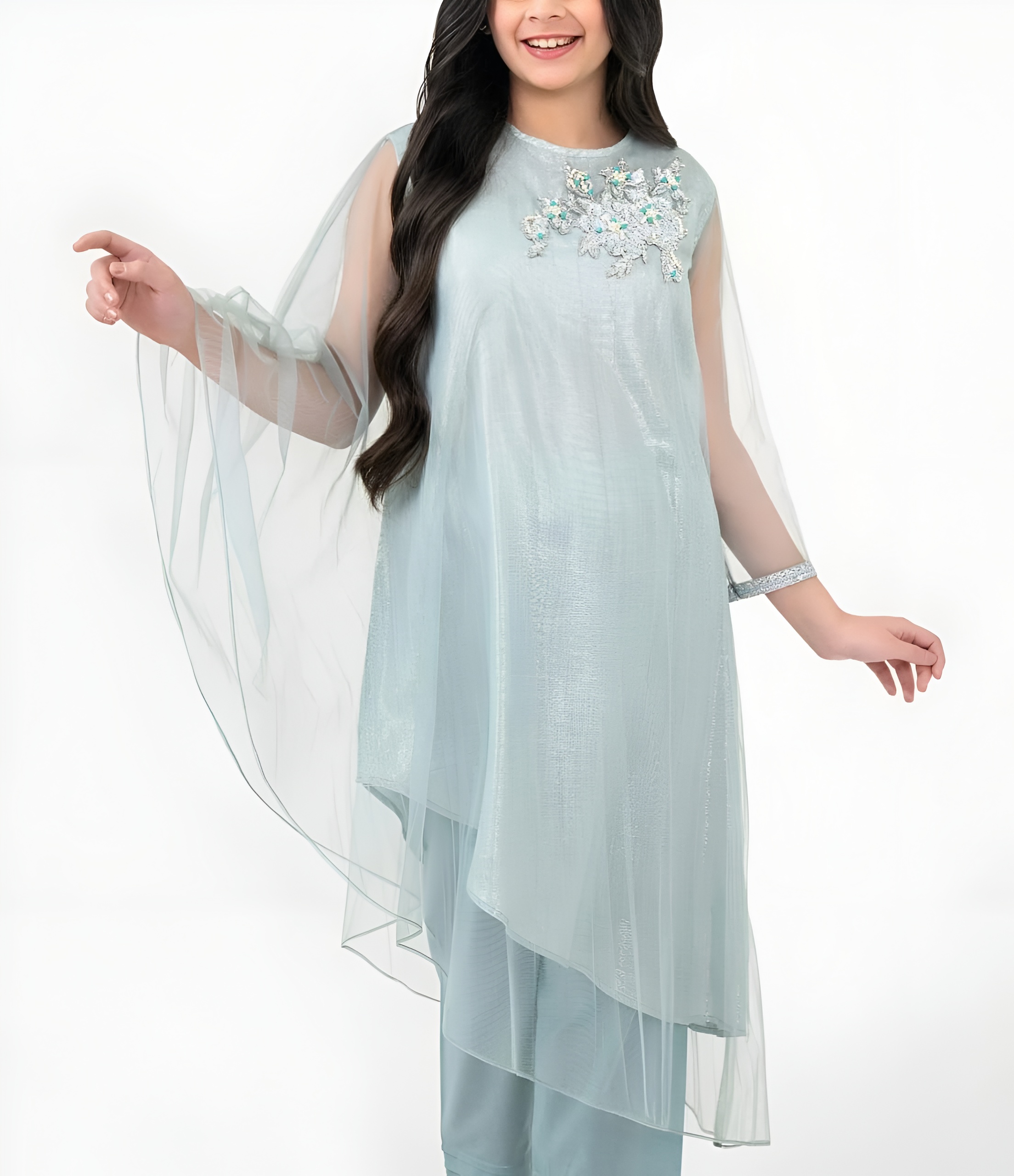 Ice-Blue Layered Net Dress With Floral Embellished Bodice