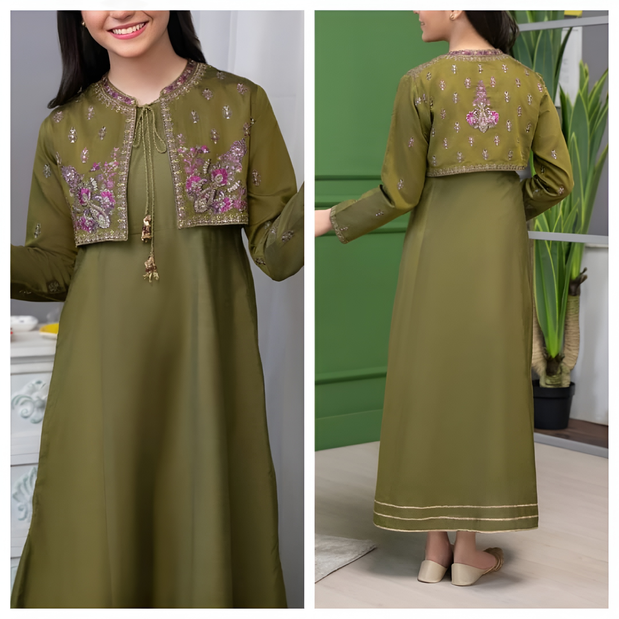 Olive Green Long Dress With Embroidered Jacket